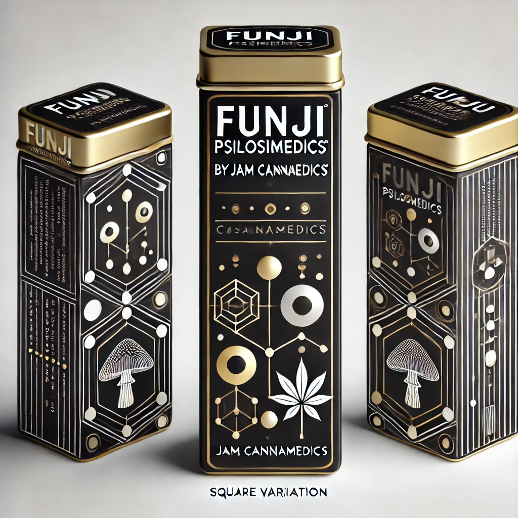 DALL·E 2024-10-09 00.11.21 - A square variation of a serious product design for 'Funji Psilosimedics By JAM Cannamedics', featuring a black and white color scheme with gold accent