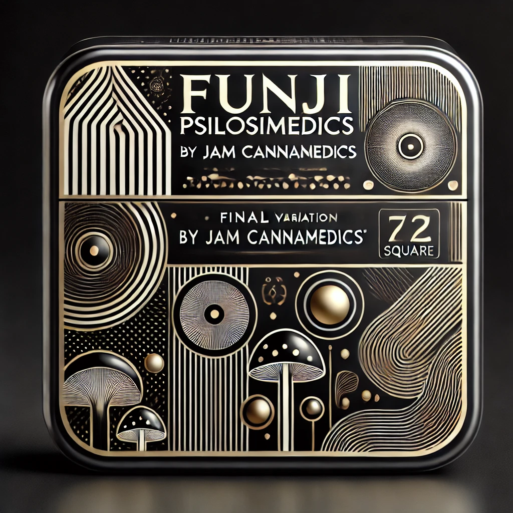DALL·E 2024-10-09 00.16.44 - A final square variation of a serious product design for 'Funji Psilosimedics By JAM Cannamedics', using a black and white theme with gold accents. Th