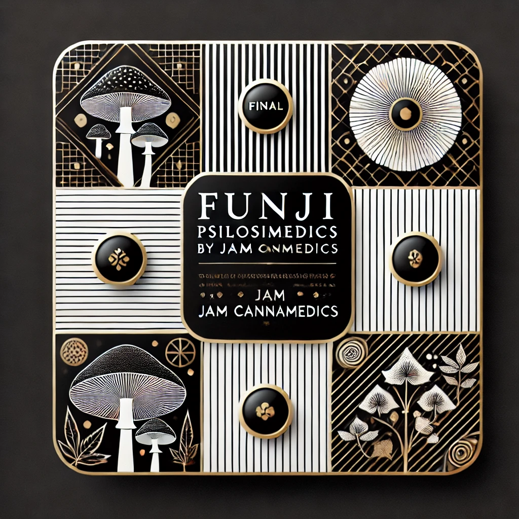 DALL·E 2024-10-09 00.18.59 - A final square variation of a serious product design for 'Funji Psilosimedics By JAM Cannamedics', using a black and white theme with gold accents. Th